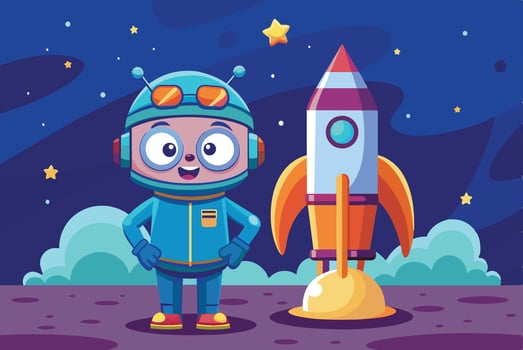 Cheerful cartoon astronaut stands proudly next to a colorful rocket under a starry night sky in an imaginative outer space setting vector