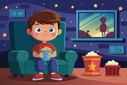 A young boy enjoys popcorn while watching a movie at home in a cozy room with starry decor during a nighttime setting vector