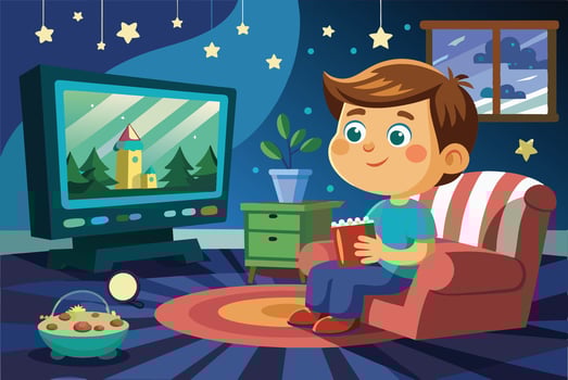 A young boy enjoys a cozy evening at home, watching a cartoon on television while sitting comfortably with popcorn vector
