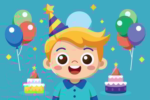A cheerful boy wearing a party hat smiles brightly in front of colorful balloons and festive cakes during a birthday celebration vector