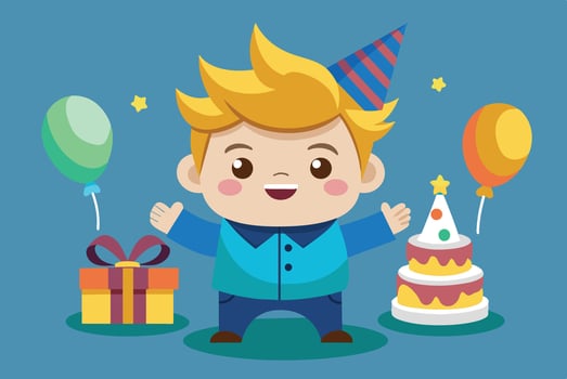 A cheerful boy in a blue shirt celebrates his birthday with balloons, a cake, and a colorful gift in a festive setting vector