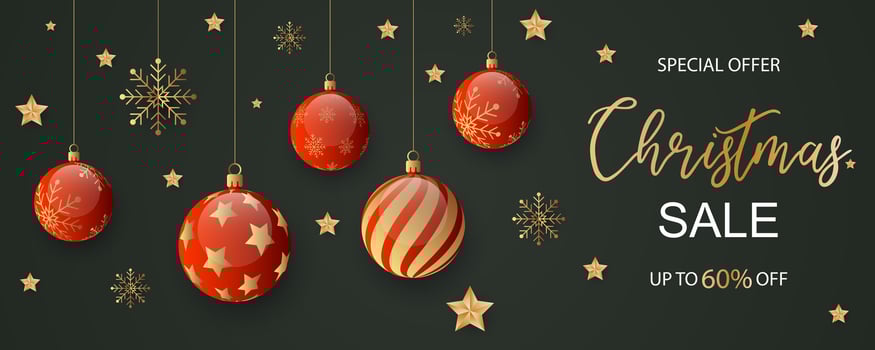 Christmas sale banner with festive ornaments on dark green background vector