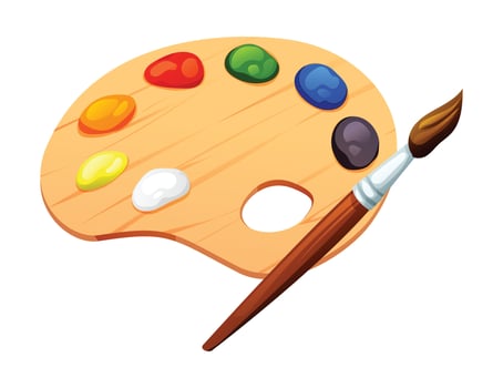 Wooden paint palette with colors and a paintbrush. Cartoon illustration vector