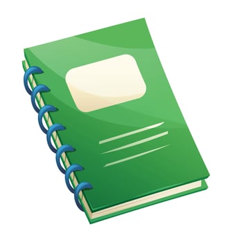 Green spiral notebook with blank label and cover, ideal for taking notes. Cartoon illustration vector