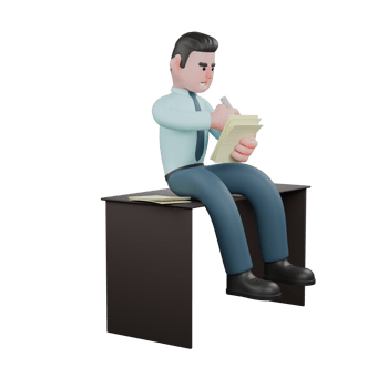 Male Financial Analyst 3D Model. A male financial analyst sits on a table with his left hand holding several sheets of paper and his right hand holding a marker. Stock Market Environment png