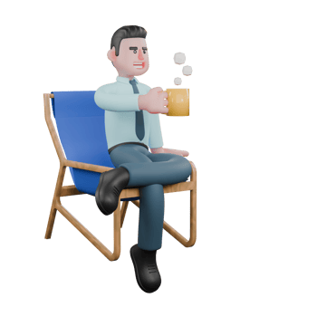 3D Illustrated of Male Financial Analyst. A male financial analyst sits on a chair with his left leg on top of his right leg and his right hand holding a cup of coffee. Investment Strategy Specialist png