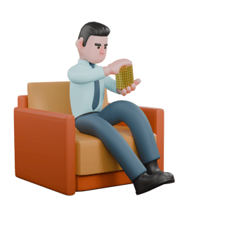 Cartoon Male Financial Analyst. A male financial analyst sits on a sofa holding coins in both hands. 3D Economic Professional png