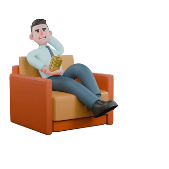 Professional Financial Analyst 3D Cartoon. A male financial analyst sits relaxed on a sofa with his right hand holding a stack of coins while his left hand is behind his head. Male Budget Forecaster png