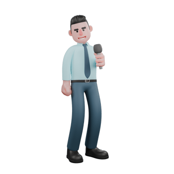 Cartoon Illustrated of a Male Financial Analyst. A male financial analyst stands holding a mic in his left hand. 3D Fiscal Style png