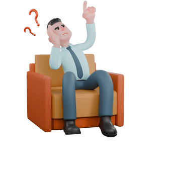 3D Male Financial Analyst at Desk. A male financial analyst sits on a sofa with his left hand pointing upwards and his right hand on his head with a question mark symbol next to his head. png