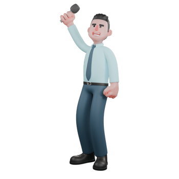 3D Animated Financial Analyst. A male financial analyst stands with his right hand raised upwards while holding a mic. Male Investment Figure png
