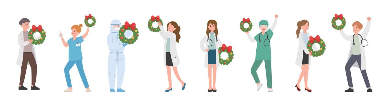 Male and female team of paramedics or doctors or scientists or medical specialists with christmas wreath, having fun celebrating christmas or new year, cartoon style vector