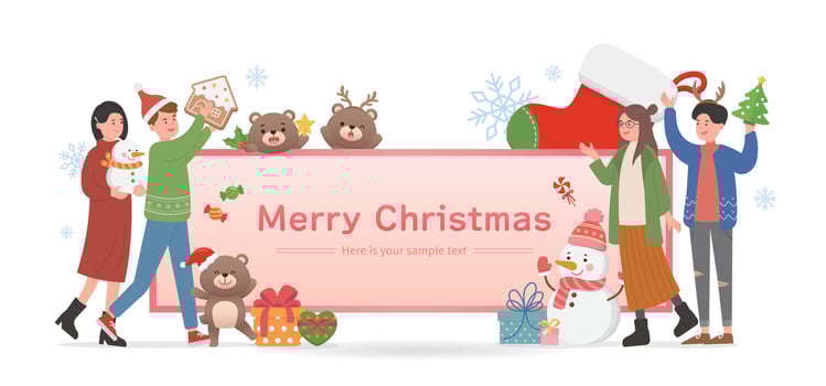 Happy man and woman celebrating christmas with baby bear, horizontal poster, christmas and happy new year, cartoon style, greeting card invitation card christmas card vector