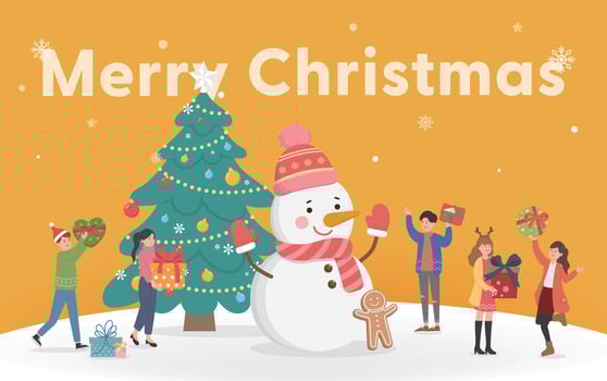 Happy man and woman celebrating christmas, christmas tree with gifts and snowman, christmas and happy new year, cartoon style, greeting card invitation card christmas card vector