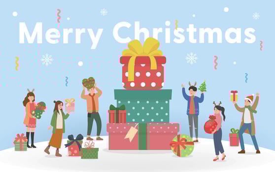 Happy men and women celebrating Christmas, stacked gift boxes, Merry Christmas and New Year, cartoon style, greeting card invitation card Christmas card vector