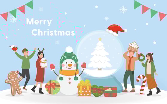 Happy man and woman celebrating christmas, christmas tree with snowball, christmas and happy new year, cartoon style, for greeting card invitation card christmas card vector