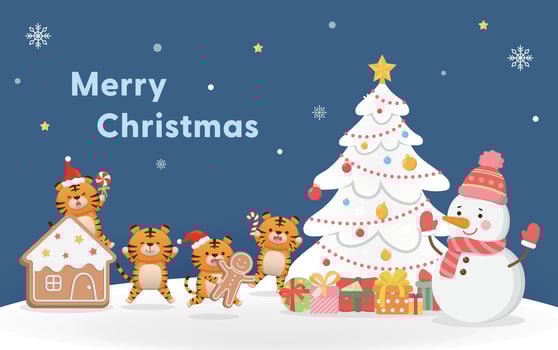 Christmas greeting card, cute tiger and snowman character mascot, white christmas tree with gift box, christmas and happy new year, cartoon style vector