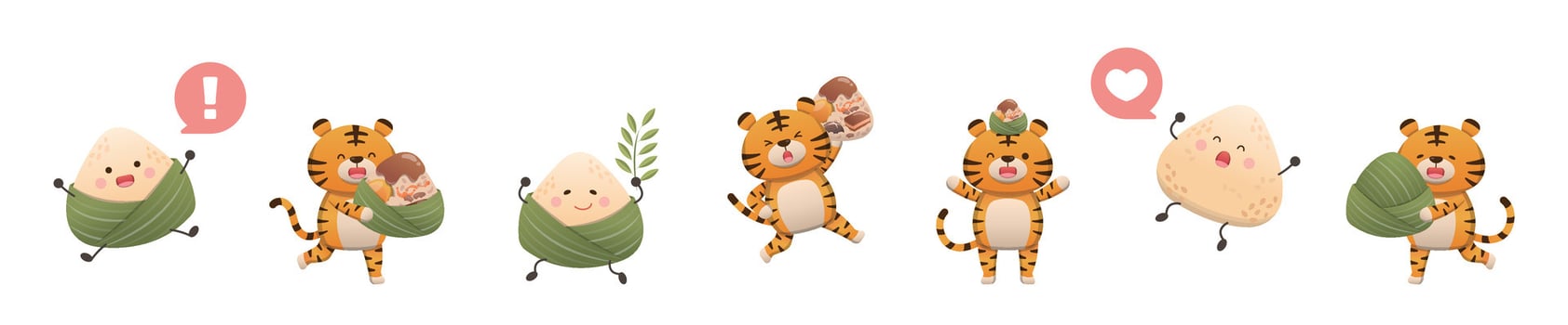Glutinous rice wrapped in bamboo leaves Zongzi and tiger cute and playful cartoon mascot happy to celebrate Chinese Dragon Boat Festival vector