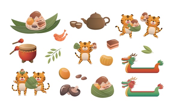 Chinese festivals Dragon Boat Festival cute and playful tiger, zongzi bamboo leaf teapot dragon boat drum elements set vector