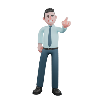 Male Office Financial Analyst 3D. A male financial analyst is standing with his left hand pointing forward while his right hand is on his waist. Professional Illustrated png