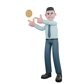3D Cartoon of Male Financial Analyst. A male financial analyst stands with both hands pointing to a metal floating beside his head. Professional png