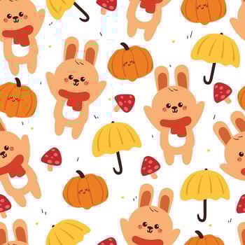 seamless pattern cartoon bunny with autumn vibes. cute autumn fall wallpaper for fabric print, gift wrap paper vector