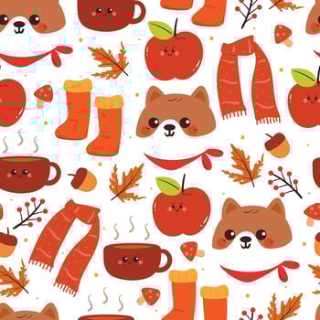 seamless pattern cartoon puppy with autumn vibes. cute autumn fall wallpaper for fabric print, gift wrap paper vector