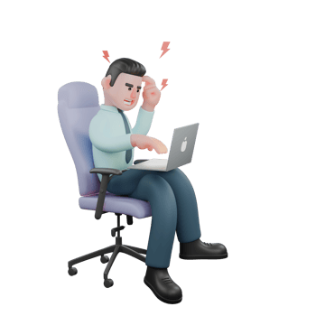 Financial Analyst in 3D. A male financial analyst is sitting in his work chair with his right hand holding an open laptop while his left finger points to his head, as if he is thinking hard. Male png