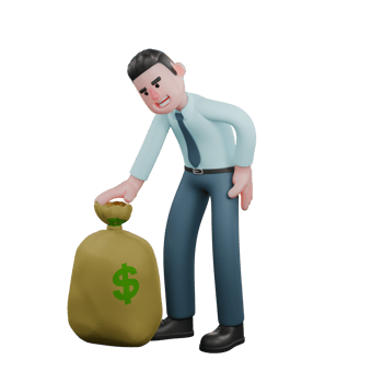 3D Male Financial Analyst in Economic Profession. A male financial analyst is standing slightly bent forward while his right hand wants to reach for the money bag in front of him. Illustrated png