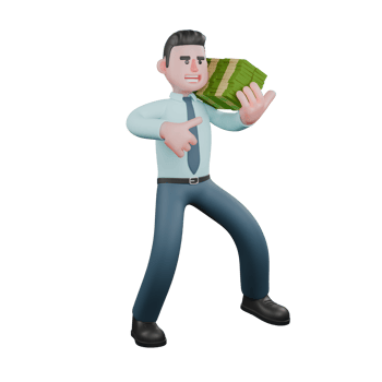 Financial Analyst Character in 3D. A male financial analyst is standing with his legs spread apart while his left hand is carrying various stacks of money while his right hand is pointing his thumb. png