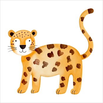 Cute watercolor leopard. Illustration of hand drawn cartoon leopard. Wild jungle safari animals. vector