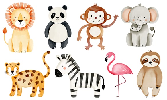 Wild jungle animals. Watercolor african zebra, elephant, panda, monkey, lion. Hand drawn safari animals set. vector