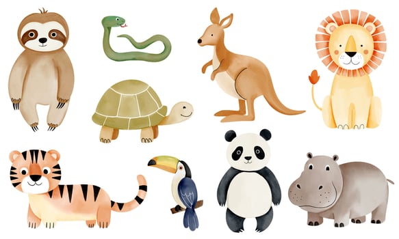 Wild jungle animals. Watercolor african lion, turtle, tiger, sloth, panda. Hand drawn safari animals set. vector