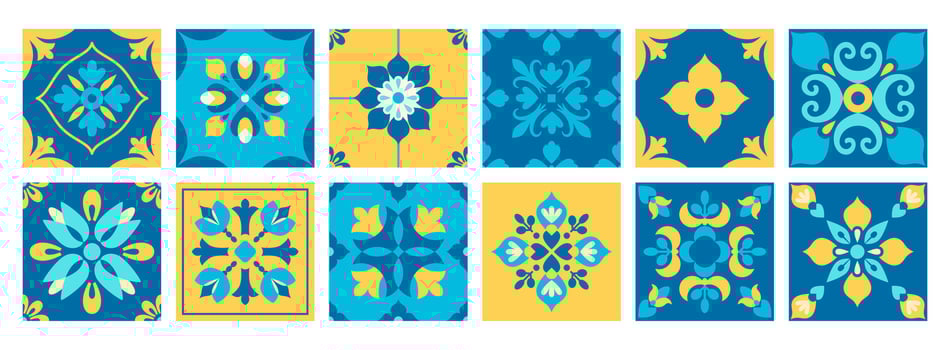 Mediterranean azulejo pattern and background. Italian, Portuguese, Spanish, Greek azulejo tiles. Blue and yellow abstract geometric mosaic. illustration. vector
