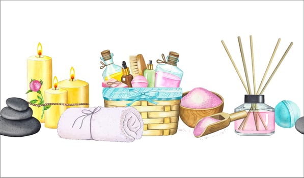 Spa Seamless border with body care cosmetics on isolated background. Hand drawn watercolor illustration vector