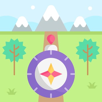 A flat design of a compass with mountains in the background vector