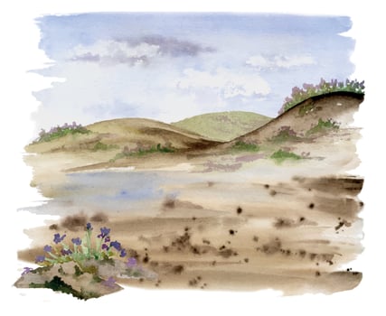 Scenery landscape of cloudy sky, hills fields grass pasture moorland, swamp lake alpine vista flowers hand drawn in watercolor. Illustration for tourism, resort ads, hiking camping sites, vacation. vector