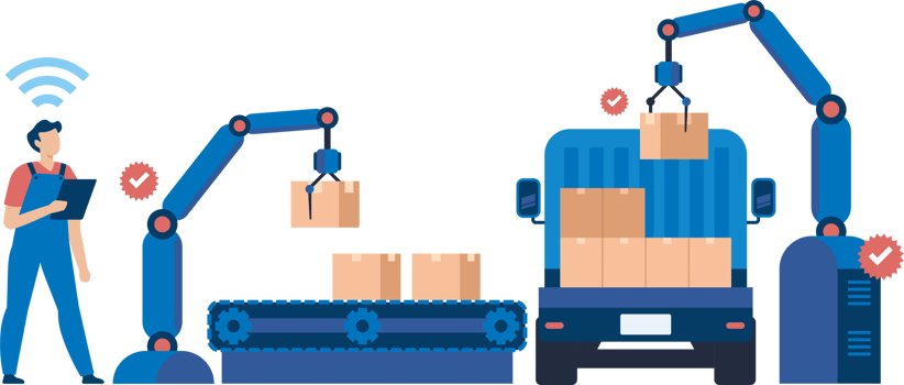 Automated Logistics Hub with Smart Inventory Management. Warehouse Crew Operating Packaging Machine for Efficient Product Handling and Distribution. Illustration png