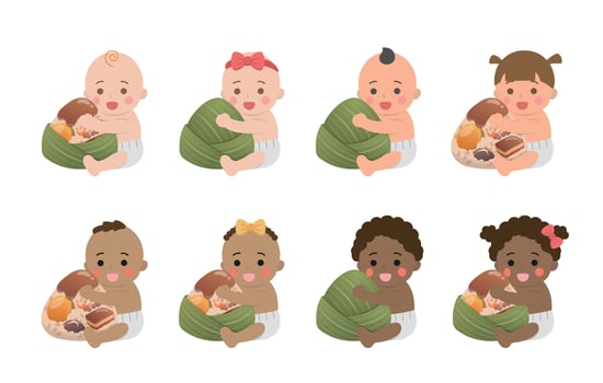 Baby and Zongzi set, Chinese traditional food, made of glutinous rice and meat with egg yolk and peanuts vector
