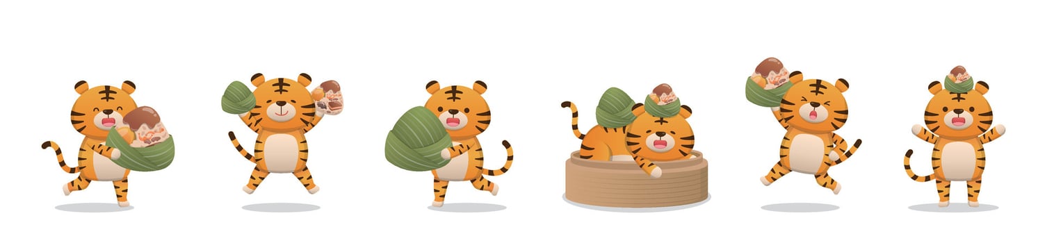 6 cute tigers and traditional Chinese food for Dragon Boat Festival Zongzi, glutinous rice food wrapped in bamboo leaves vector