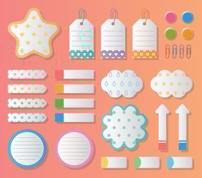 Colorful post-it notes, note sticks, note papers, paper clips, sets vector