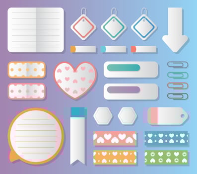 Colorful post-it notes, note sticks, note papers, paper clips, sets vector