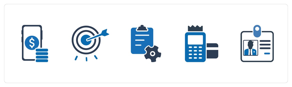 A set of 5 Mix icons as investment, target, clipboard settings vector