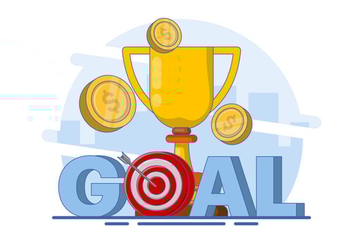 Business and marketing strategy concept, strategic planning and tactics in business, strategic thinking, financial analysis, achieving financial goals, trophies, awards and prizes. Illustration. vector