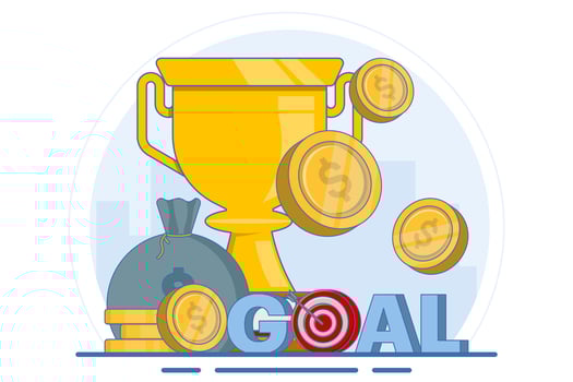 Business and marketing strategy concept, strategic planning and tactics in business, strategic thinking, financial analysis, achieving financial goals, trophies, awards and prizes. Illustration. vector