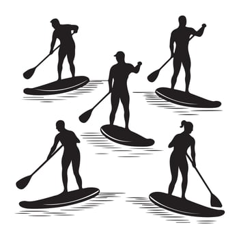 Silhouettes of people on paddle boards vector