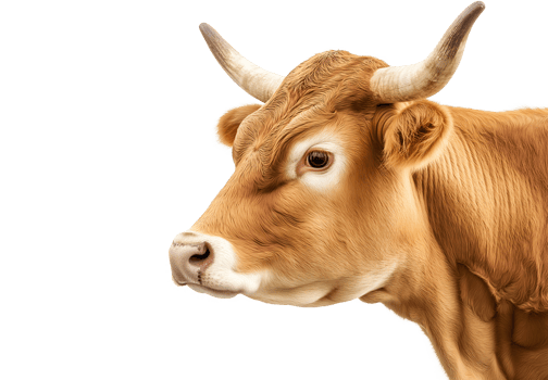 side view portrait of a golden brown cow with detailed fur texture on isolated background png