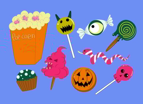 Halloween spooky candy set Halloween skull caramel skull, monster lollipop, spider popcorn, pumpkin cookies, bloodthirsty cotton candy, jelly snake, witch cupcake on just flat style, vibrant colors vector