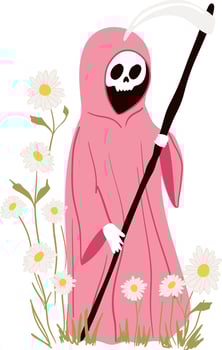 Cute grim reaper in pink robe with scythe among daisies. Skeleton death in pink robe stands among flower field. Postcard, poster for Halloween. simple flat style pinkoween vector