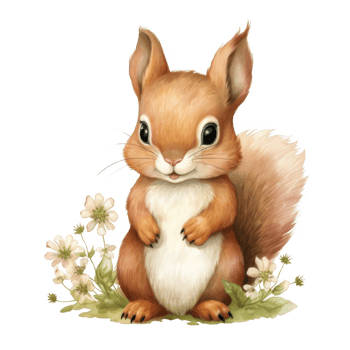 Adorable Cartoon Squirrel with White Flowers png